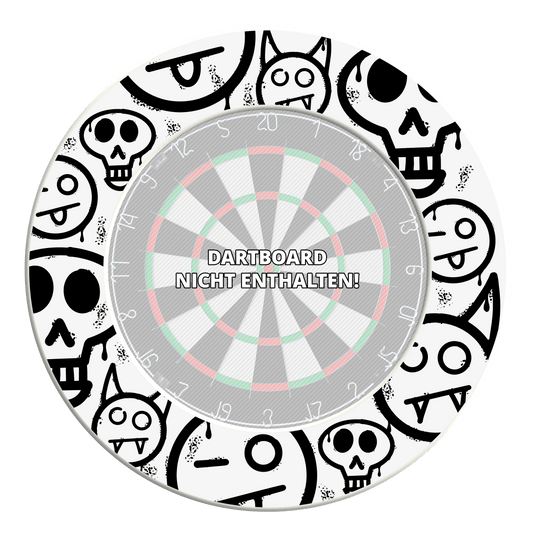 McDart Graffiti Emoji's Dartbord Surround Ein Bild mit dem Dateinamen MSF-A4_McDart_Graffiti_Smilies_Dartboard_Surround_Wei_3. Es zeigt vermutlich ein Produkt mit Graffiti- und Smiley-Design rund um ein Dartboard.