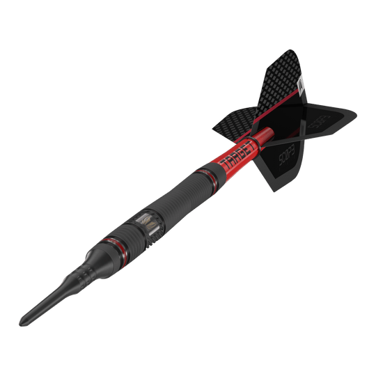 Target Scope 11 Zachte Darts Das Bild zeigt einen Target Scope 11 Softdart mit schwarzem und rotem Design. Der Dartpfeil hat eine schwarze Spitze und eine schwarze Flight-Fläche mit Schriftzug.