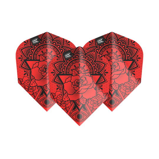 TG482_335420_Target_ProUltra_Ink_Red_No6_Flights_1S7VFT65pCeME2 Das Bild zeigt die Target ProUltra Ink Red No6 Flights mit einem auffälligen roten Design. Auf den Flights ist ein detailliertes Muster mit einer Rose und geometrischen Elementen zu sehen.