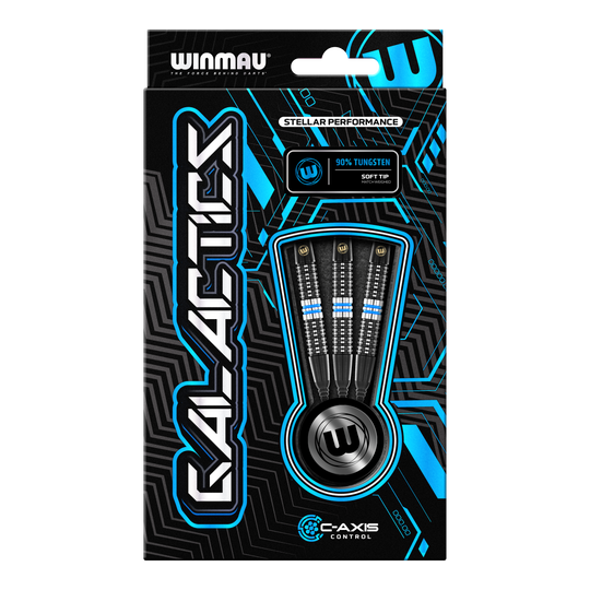 Winmau Galactics zachte darts - 20g Die Abbildung zeigt eine Verpackung der "Winmau Galactics Softdarts - 20g". Das Design ist modern und hebt die wichtigsten Merkmale wie 90% Tungsten und Soft Tip hervor.