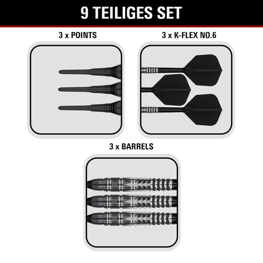 Target Black Marque Blaze Soft Darts - 18 g Gezeigt werden die Target Black Marque Blaze Softdarts mit 18g Gewicht. Diese Softdarts sind für ambitionierte Spieler entworfen.