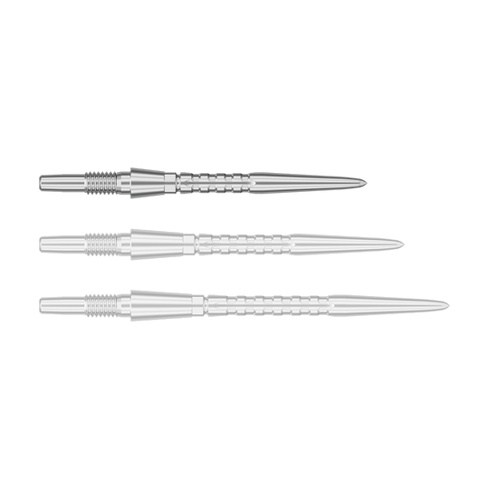 Target Swiss Point Storm Surge stalen dartpunten - zilver Das Bild zeigt drei silberne Steeldartspitzen, die nebeneinander liegen. Sie haben eine gerillte Struktur und eine spitz zulaufende Form.