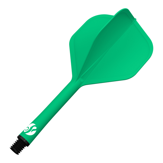 Das Bild zeigt ein grünes Dartflight-System mit Standard-Form. Am Ende befindet sich ein schwarzes Schraubgewinde für die Befestigung am Dartpfeil.