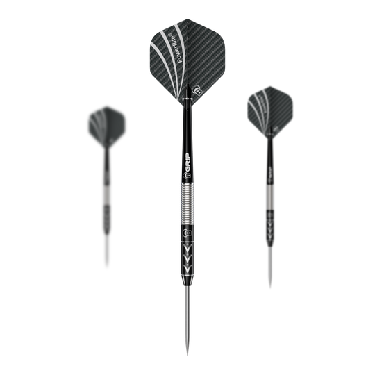 Das Bild zeigt drei Steeldarts des Modells "Bulls Challenger Arno Merk" mit einem Gewicht von 22g. Die Pfeile haben schwarze Flights mit silbernen Akzenten und einen silber-schwarzen Schaft.