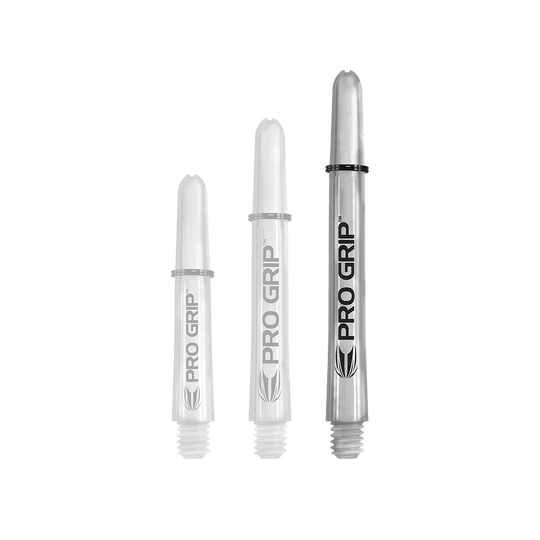 Target Pro Grip Shafts - 3 sets - Transparant Das Bild zeigt drei transparente Pro Grip Shafts in unterschiedlichen Längen. Sie sind mit der Aufschrift "PRO GRIP" und einem schwarzen Logo versehen.