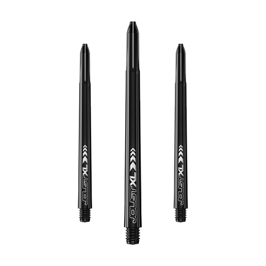 C816_Red_Dragon_Joust_XL_Shafts_Schwarz_65mm_1 Das Bild zeigt drei schwarze Dartschäfte der Marke Red Dragon Joust XL in 65mm Länge. Die Schäfte sind mit weißer Schrift und Pfeilmustern verziert.