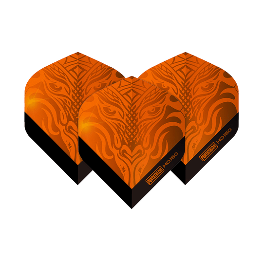 Pentatlon HD150 Metallic Oranje Standaardvluchten Das Bild zeigt drei Pentathlon HD150 Metallic Orange Standard Flights. Sie haben ein auffälliges orangenes Design mit schwarzen Akzenten und einem dekorativen Muster.