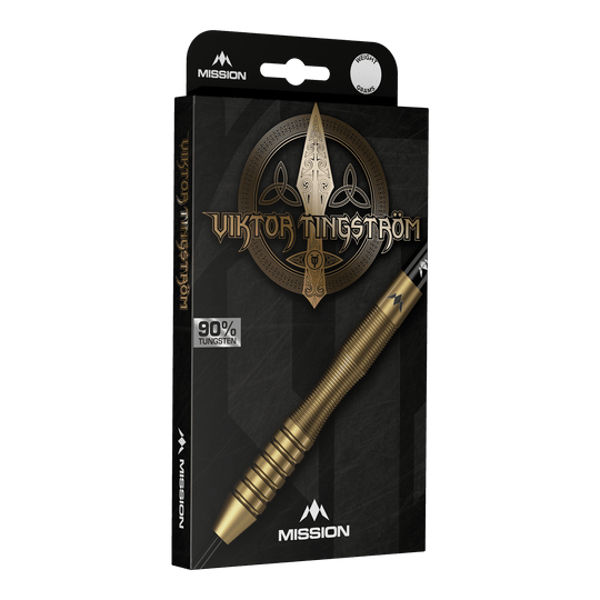 Mission Viktor Tingstrom Gold Steeldarts - 22g, mehrere Dartpfeile werden präsentiert. Die goldene Farbgebung und das spezielle Design sind erkennbar.