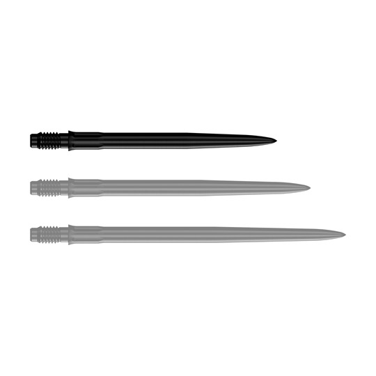 Mission R2.5 Rapid Point SM1 Dartpunten - Zwart Das Bild zeigt eine einzelne schwarze Dartspitze mit einer Länge von 30 mm. Die Spitze ist für den Einsatz in Darts gedacht.