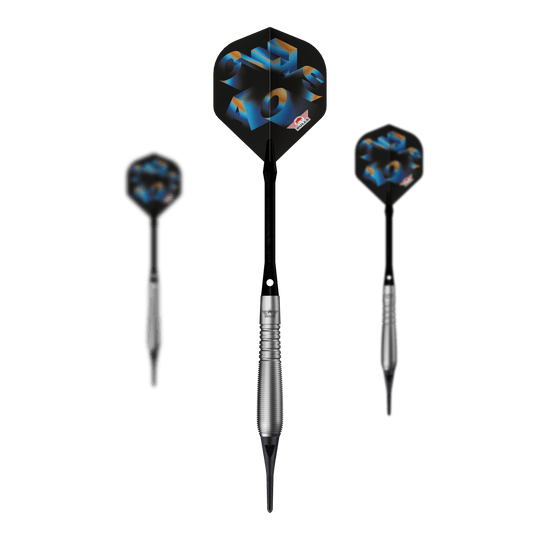 Abgebildet ist ein Set Bulls NL Chaos Blue Softdarts mit 19g. Die Softdarts sind blau und werden als komplettes Set präsentiert.