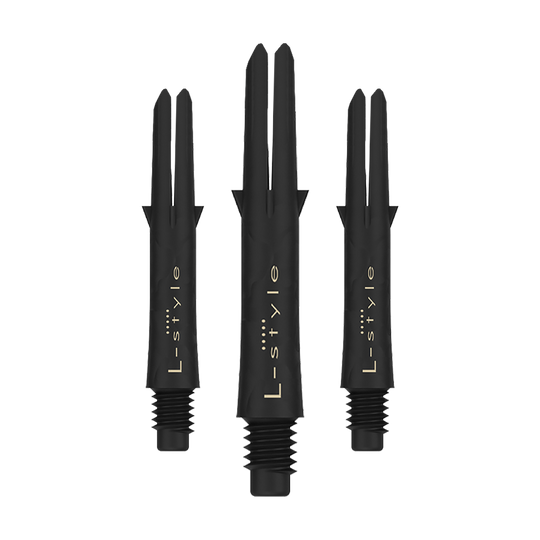 L-Style carbon schachten Das Bild zeigt drei schwarze Carbon Shafts für Dartpfeile der Marke L-Style. Die Shafts sind ohne Kappen und besitzen eine goldene Schrift.