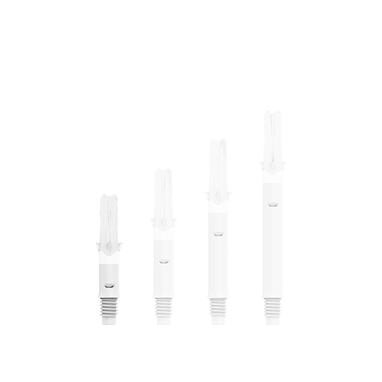 L-L-Style-Shafts Silent Straight - Wit Auf dem Bild sind vier weiße Dart-Schäfte in unterschiedlichen Längen zu sehen. Sie stehen nebeneinander auf weißem Hintergrund.