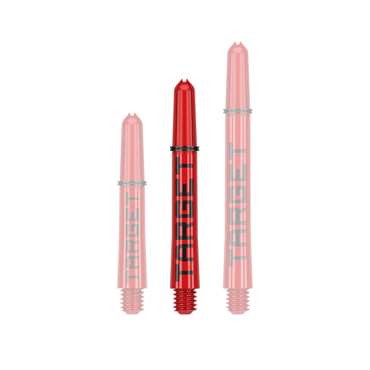 Target Pro Grip TAG Shafts - 3 sets - Rood Das Bild zeigt drei rote Dartschäfte in verschiedenen Längen. Auf den Schäften steht in schwarzer Schrift das Wort "TARGET".