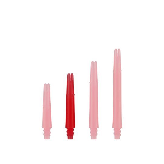 L-L-Style-Shafts Locked Straight - Rood Auf dem Bild sind vier rote, gerade Dartschäfte in unterschiedlichen Längen zu sehen. Sie stehen nebeneinander aufrecht vor einem weißen Hintergrund.