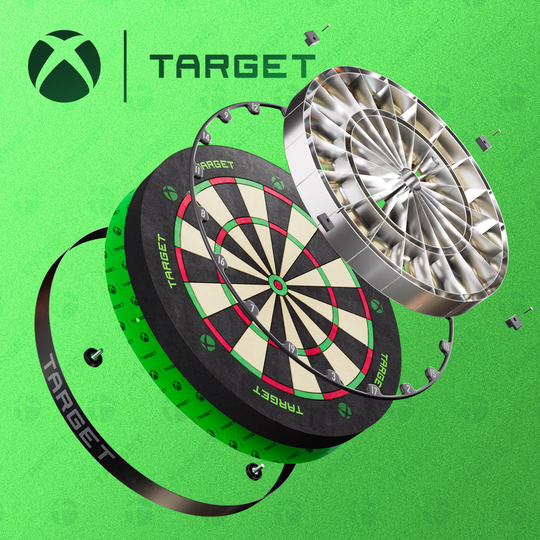 Target Xbox Dartboard Surround-bundel Zu sehen ist das Target Xbox Dartboard Surround Bundle. Es bietet Zubehör für Dartbegeisterte.