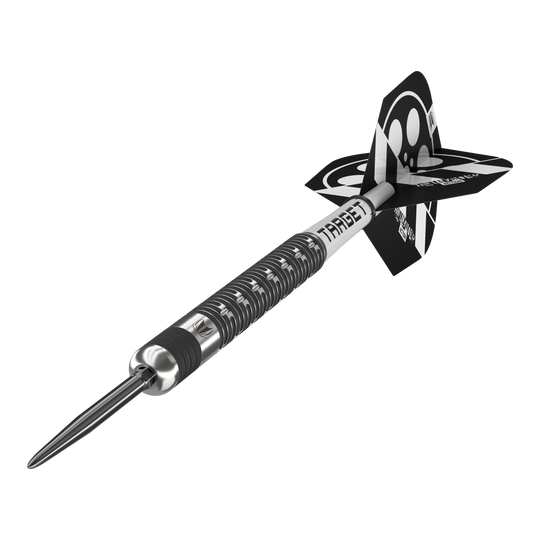 Targetwit Chris Dobey Hollywood Action Swiss Point Steeldarts Auf dem Bild ist der Target Chris Dobey Hollywood Action Swiss Point Steeldart zu sehen. Der Dartpfeil hat ein modernes, schwarzes und silbernes Design mit auffälligen Flights.