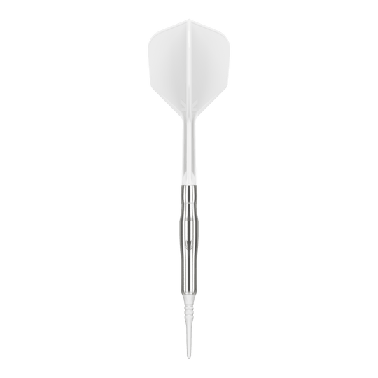 Target Japan Crux Brave Soft Darts - 18,5 g Das Bild zeigt einen weißen Softdart mit silbernem Schaft. Es handelt sich um das Produkt "Target Japan Crux Brave Softdarts - 18,5g".