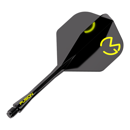 Winmau Fusion Flight Shaft-systeem Michael Van Gerwen Pacman No2 standaard Das Bild zeigt das Winmau Fusion Flight-Shaft-System Michael Van Gerwen Pacman No2 Standard. Es ist schwarz mit gelben Akzenten und dem Logo auf dem Flight.