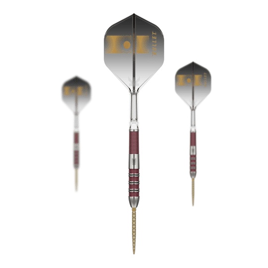 Das Bild zeigt drei Target Stephen Bunting 95K Swiss Point Steeldarts. Die Darts haben schwarze Flights mit goldenen Akzenten und einen rot-silbernen Griffbereich.