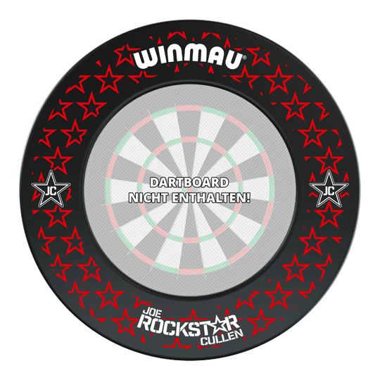 Dies ist die Winmau Joe Cullen Dartboard Surround mit roten Sternen und schwarzem Hintergrund. In der Mitte steht: "Dartboard nicht enthalten!"