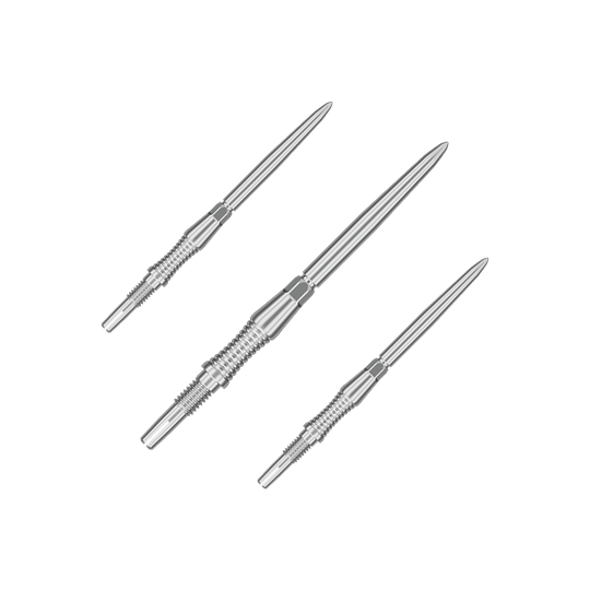 Target Swiss Point Dartpunten Signature RST - Zilver Abgebildet sind Dartspitzen mit der Bezeichnung '340301_Target_Swiss_Point_Dartspitzen_Signature_RST_Silber_35mm_1Set'. Das Bild zeigt silberne Dartspitzen in einem Set.