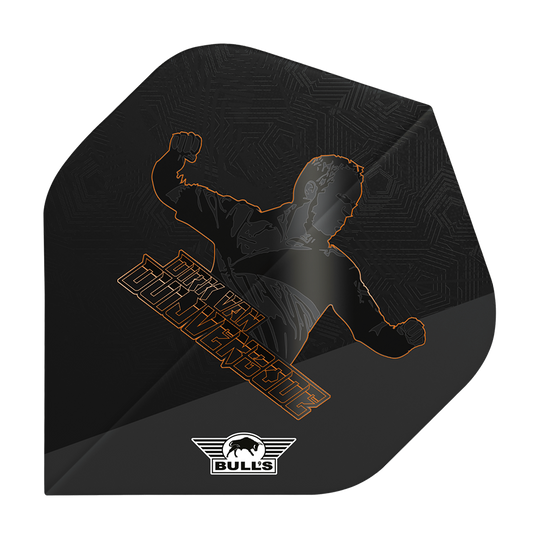 Bulls NL Speler 100 Dirk Van Duijvenbode Editie 2 No2 Standaardvluchten Auf dem Bild ist ein schwarzes Dart-Flight mit einer Silhouette eines jubelnden Spielers und dem Namen "Dirk van Duijvenbode" zu sehen. Unten befindet sich das Logo der Marke "Bull's".