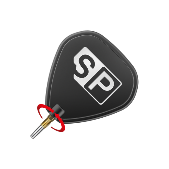 Target Swiss Diamond Pro Gold dartpunten Das Bild zeigt eine schwarze Dartspitze mit goldfarbenem Gewinde und der Aufschrift „SP“. Ein roter Pfeil illustriert die Drehbewegung zum Befestigen oder Lösen der Spitze.