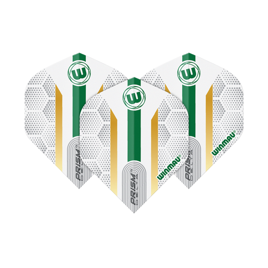 Das Bild zeigt drei Winmau Prism Delta Xenon No2 Standard Flights. Sie sind überwiegend weiß mit grünen und goldenen Akzenten und tragen das Winmau-Logo.