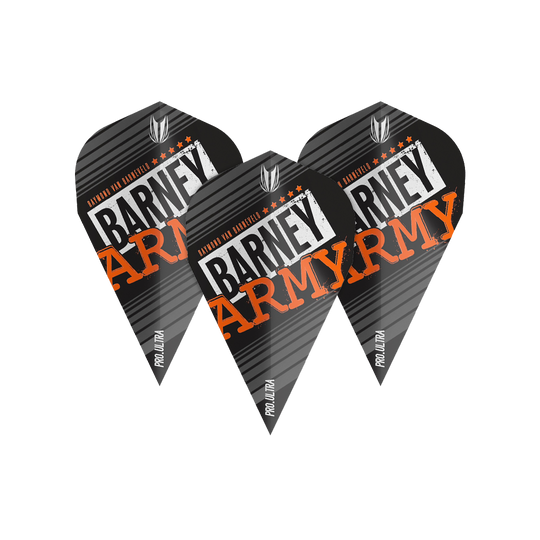 TG65_334350_Target_ProUltra_Barney_Army_Black_Vapor_Flights_1OAqgF28riGopN Das Bild zeigt drei schwarze Dart-Flights mit der Aufschrift "Barney Army" in weißer und orangefarbener Schrift. Auf den Flights steht außerdem "Pro Ultra" und sie haben ein Streifendesign.