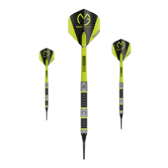 Winmau Michael Van Gerwen MvG Aspire Zachte Darts - 20 g Das Bild zeigt drei gelb-schwarze Softdarts der Marke Winmau Michael Van Gerwen MvG Aspire mit einem Gewicht von 20 Gramm. Auf den Flights ist das MvG-Logo gut sichtbar.