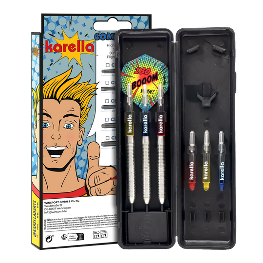 Karella Comic Line CL-2 stalen dartpijlen - 23 g Hier sind die Karella Comic Line CL-2 Steeldarts mit einem Gewicht von 23g abgebildet. Die Darts sind speziell für den Einsatz im Wettkampf gedacht.