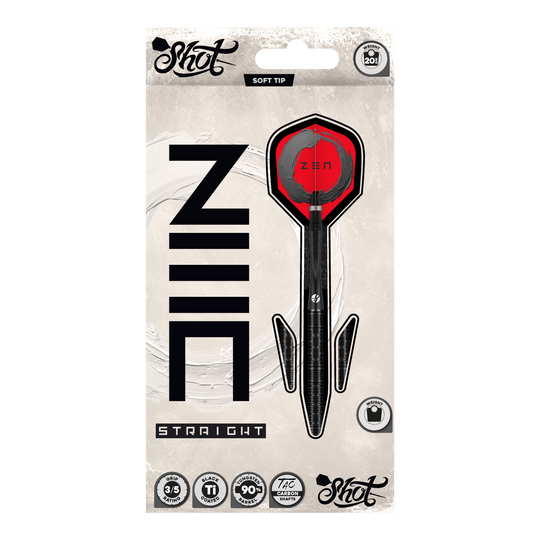 Shot ZEN Rechte Zachte Dartpijlen - 20 g Abgebildet sind die Shot ZEN Straight Softdarts - 20g. Diese Darts zeichnen sich durch ihre gerade Form aus.