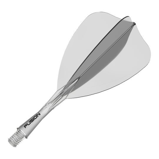 Abgebildet ist ein Winmau Fusion Flight Shaft System Arrow, klar und 22mm. Dieses Zubehör ist für das Spiel mit Dartpfeilen gedacht.