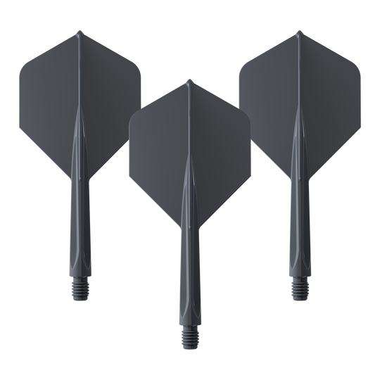 Unicorn Forge All In One Plus No2 Standaard Vluchten Zwart - Medium Das Bild zeigt drei schwarze Dartflights mit integriertem Schaft in mittlerer Größe. Es handelt sich um das Produkt "Unicorn Forge All In One Plus No2 Standard Flights Schwarz - Medium".