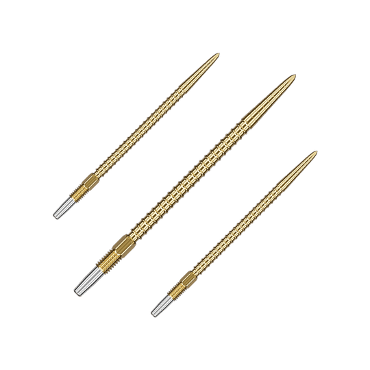 Auf dem Bild sind drei goldfarbene Dartspitzen zu sehen. Sie sind lang, schlank und haben ein geriffeltes Muster.