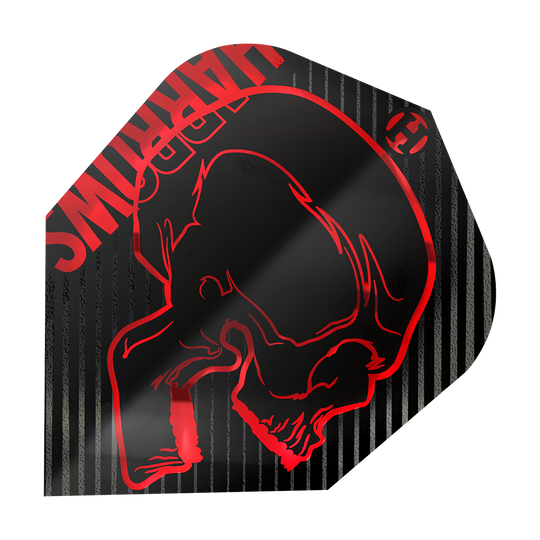 Harrows Rage Red No6-vluchten Das Bild zeigt ein Dartflight mit dem Namen "Harrows Rage Red No6 Flights". Das Flight ist schwarz mit roten Streifen und einem roten Totenkopf-Design.