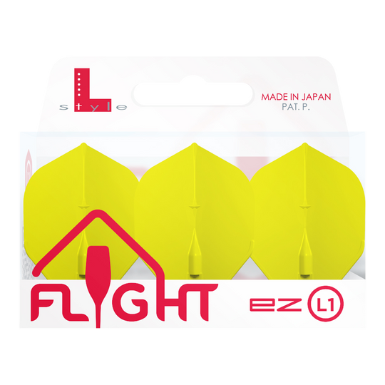 L-Style Champagne L1EZ Standaard Vluchten Das Bild zeigt eine Packung mit drei gelben L-Style Champagne L1EZ Standard Flights. Die Verpackung ist weiß mit roter und grauer Schrift und wurde in Japan hergestellt.