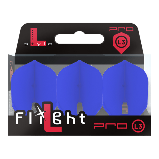 L-Style Champagne L3PRO Shape Flights Das Bild zeigt eine Verpackung mit drei blauen Dartflights der Marke L-Style. Auf der Packung steht "Flight L Pro L3" und die Flights sind in einer durchsichtigen Box sichtbar.