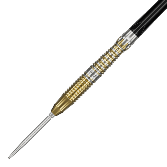 Hier sieht man die Target Japan Black Marque Enzo Swiss Point Steeldarts. Diese Darts kombinieren hochwertige Verarbeitung mit japanischem Design.