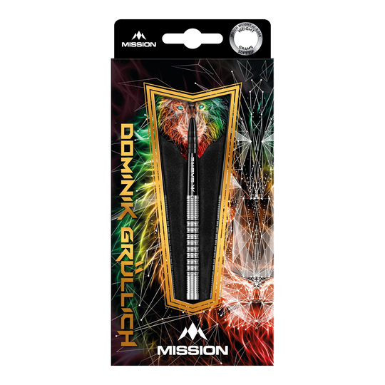 Missie Dominik Grüllich Steeldarts Die Abbildung zeigt die Verpackung der "Mission Dominik Grüllich Steeldarts - 23,5g". Die Verpackung ist bunt gestaltet und zeigt einen einzelnen Dartpfeil in der Mitte.