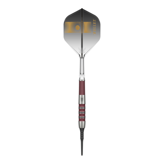 Target Stephen Bunting 95K Soft Darts - 19g Das Bild zeigt einen Target Stephen Bunting 95K Softdart mit einem Gewicht von 19 Gramm. Der Dart hat ein elegantes schwarzes und silbernes Design mit roten Griffbereichen und einer schwarzen Flight mit goldenen Akzenten.