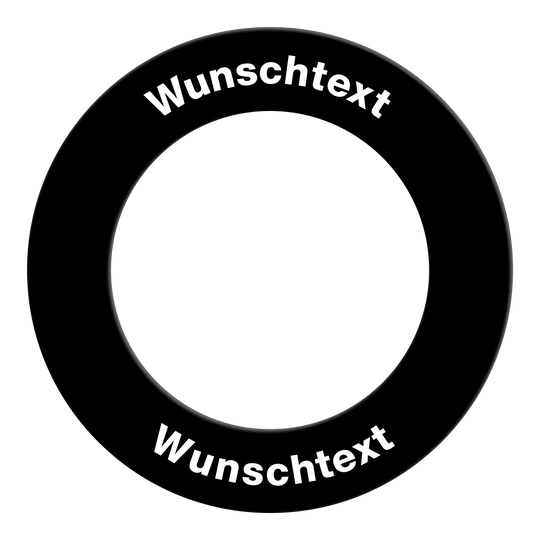 Auf dem Bild ist das Produkt MC-2000_Dartboard_Surround_mit_Wunschdruck_Schwarz_Text_2 zu sehen. Es scheint sich um eine Dartboard-Umrandung mit individuellem Druck zu handeln.
