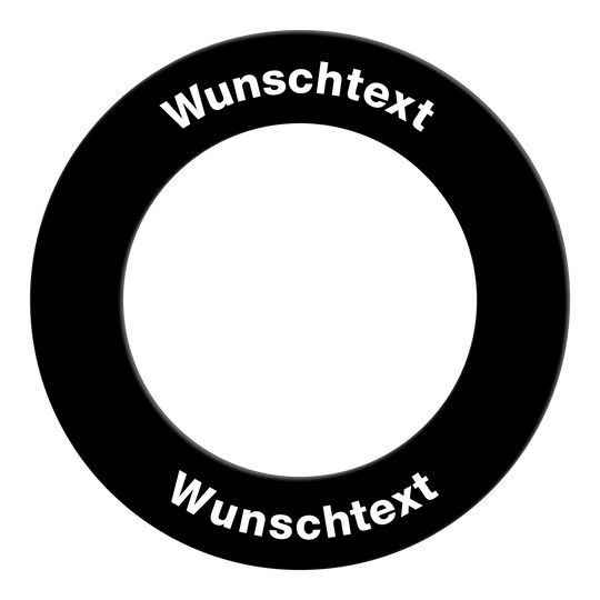 Surround mit Wunschdruck Auf dem Bild ist das Produkt MC-2000_Dartboard_Surround_mit_Wunschdruck_Schwarz_Text_2 zu sehen. Es scheint sich um eine Dartboard-Umrandung mit individuellem Druck zu handeln.