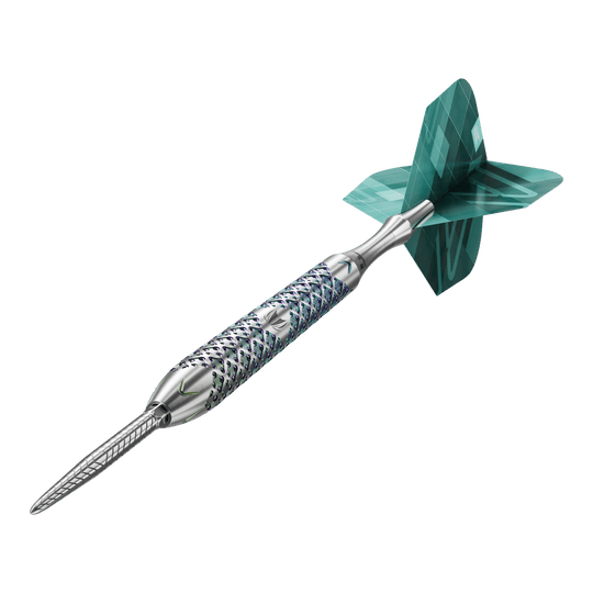 Target Rove 03 Swiss Point stalen dartpijlen Das Bild zeigt den Target Rove 03 Swiss Point Steeldart. Der Dart hat einen silbernen, strukturierten Schaft und grüne Flights.