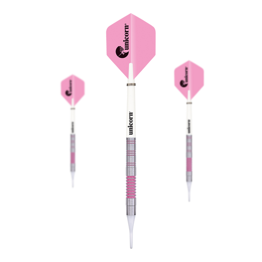 Unicorn Handtekening Zachte Darten - 19g Das Bild zeigt drei Softdarts des Produkts "Unicorn Autograph Softdarts - 19g". Die Darts haben pinke Flights und einen silber-weißen Schaft mit pinken Akzenten.