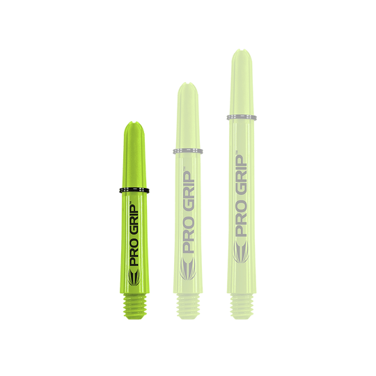 Target Pro Grip Shafts - 3 sets - Limoengroen Das Bild zeigt drei limegrüne Pro Grip Shafts in unterschiedlicher Länge. Auf jedem Schaft steht gut sichtbar der Schriftzug "PRO GRIP".