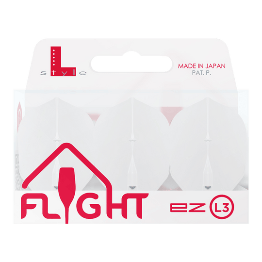 L-L-Style3EZ-vluchten Auf dem Bild ist eine Verpackung von L-Style Flights für Darts zu sehen. Die Verpackung ist weiß und enthält drei Flights des Typs EZ L3, hergestellt in Japan.