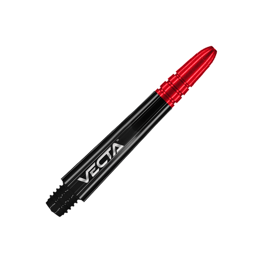 Das Bild zeigt einen Dart-Schaft in den Farben Schwarz und Rot. Auf dem Schaft steht das Wort „Vecta“.