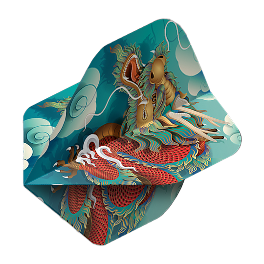 Pentathlon Vluchten Draak Das Bild zeigt ein Dartflight mit einem farbenfrohen Drachenmotiv auf blauem Hintergrund. Es handelt sich um das Produkt "Pentathlon Dragon 5 Standard Flights".