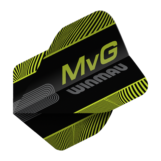 Winmau Prism Delta MvG Zwart Groen Tekst Nr. 2 Standaard Vluchten Abgebildet sind die Winmau Prism Delta MvG Black Green Text No2 Standard Flights. Diese Dart-Flights haben ein schwarzes und grünes Farbmuster mit Schriftzug.